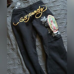 Ed Hardy Black Sweatpants with Gold Script and Multi-Color Graphic